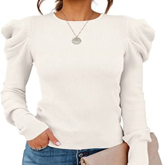 SENSERISE Sweaters - SENSERISE Womens Long Puff Sleeve Pullover Sweaters Crew Neck Casual Slim Fit Kn